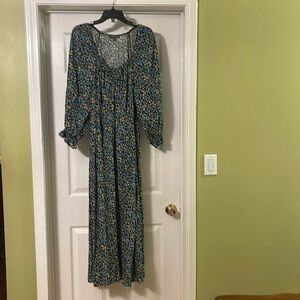 Primark - calico print maxi dress - country, gathered, bow - size 12